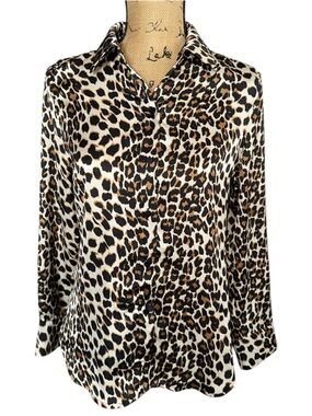 Alex & Lili Women’s Leopard/Cheetah Print Long Sleeve Button-Up Satin Blouse